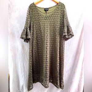 Lane Bryant Olive Green Knit Lace Overlay Boho Dress Sz 24 Flowy Peasant